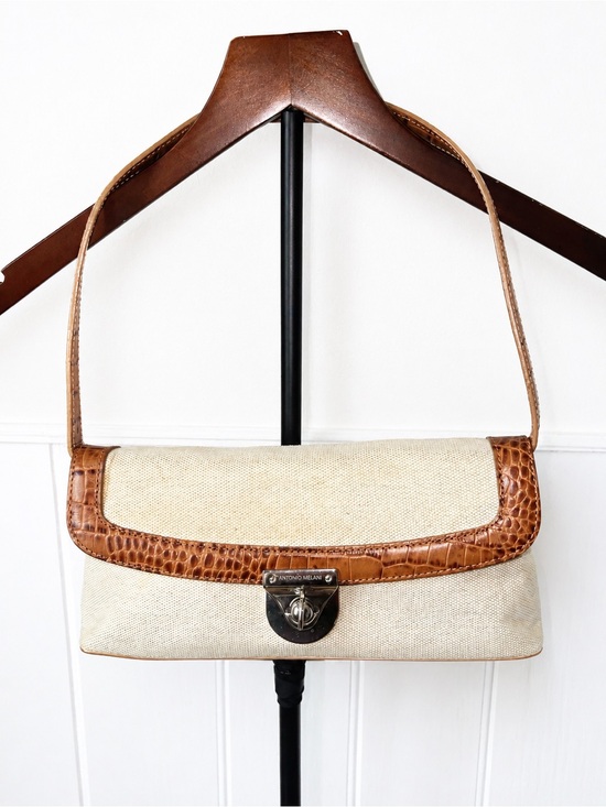 ANTONIO MELANI Handbags - Antonio Melani Beige Canvas Brown Leather Turn Lock Shoulder Bag Purse